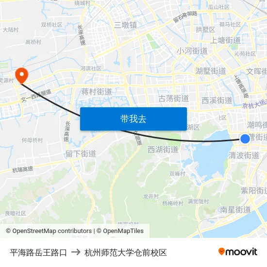 平海路岳王路口 to 杭州师范大学仓前校区 map