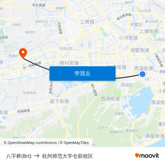 八字桥(Brt) to 杭州师范大学仓前校区 map