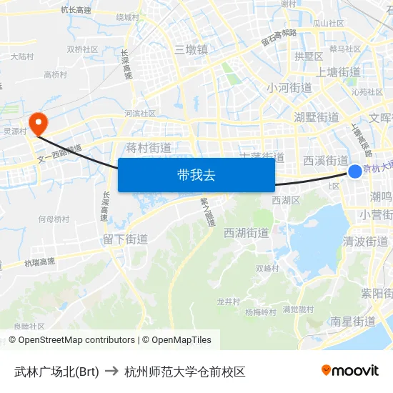 武林广场北(Brt) to 杭州师范大学仓前校区 map