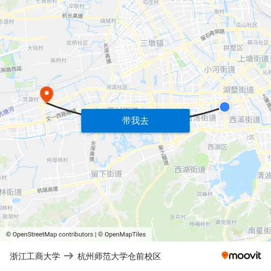 浙江工商大学 to 杭州师范大学仓前校区 map
