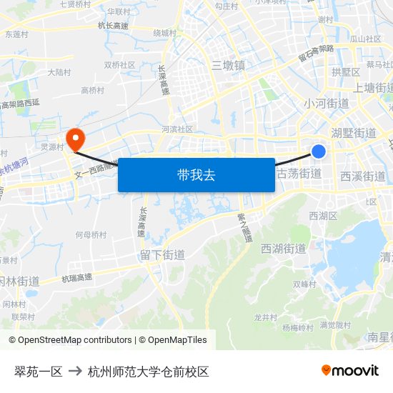 翠苑一区 to 杭州师范大学仓前校区 map