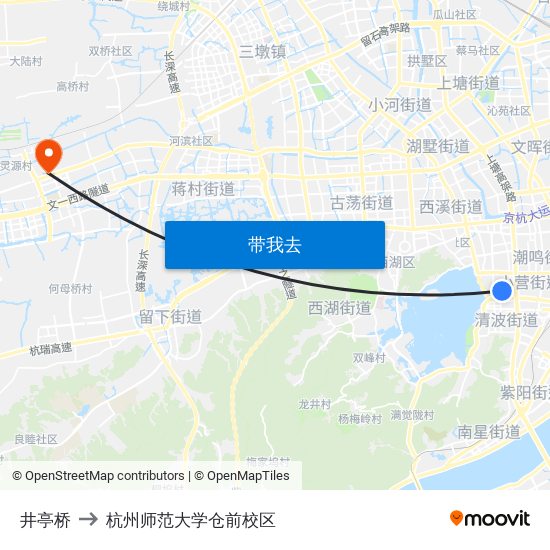 井亭桥 to 杭州师范大学仓前校区 map