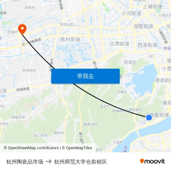 杭州陶瓷品市场 to 杭州师范大学仓前校区 map