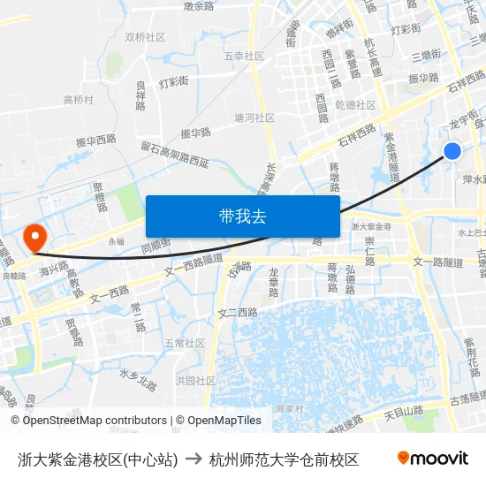 浙大紫金港校区(中心站) to 杭州师范大学仓前校区 map