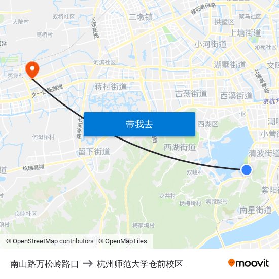 南山路万松岭路口 to 杭州师范大学仓前校区 map