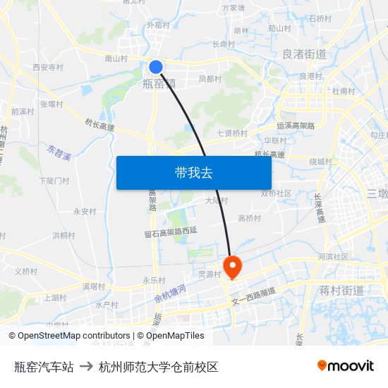 瓶窑汽车站 to 杭州师范大学仓前校区 map