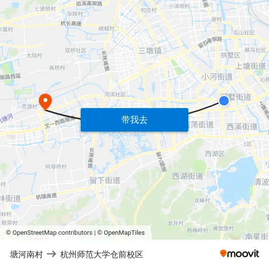 塘河南村 to 杭州师范大学仓前校区 map