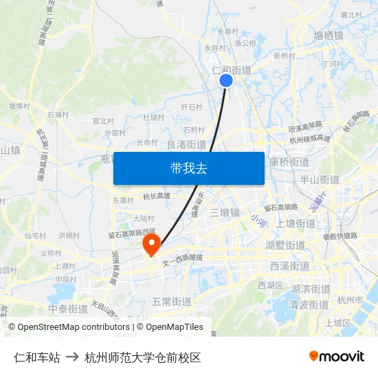仁和车站 to 杭州师范大学仓前校区 map