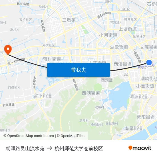 朝晖路艮山流水苑 to 杭州师范大学仓前校区 map