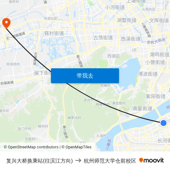 复兴大桥换乘站(往滨江方向) to 杭州师范大学仓前校区 map