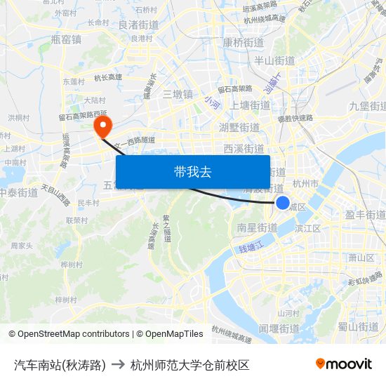 汽车南站(秋涛路) to 杭州师范大学仓前校区 map