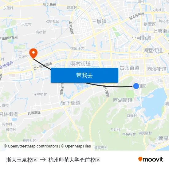 浙大玉泉校区 to 杭州师范大学仓前校区 map