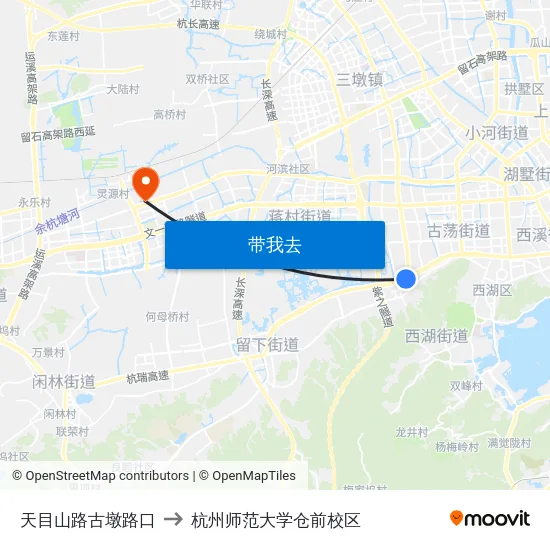 天目山路古墩路口 to 杭州师范大学仓前校区 map