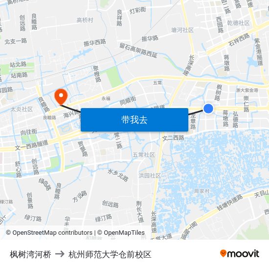 枫树湾河桥 to 杭州师范大学仓前校区 map