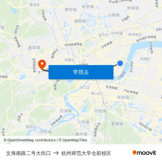文海南路二号大街口 to 杭州师范大学仓前校区 map