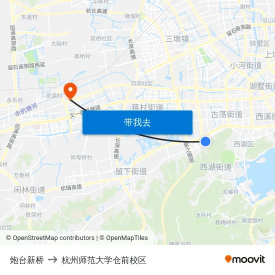 炮台新桥 to 杭州师范大学仓前校区 map