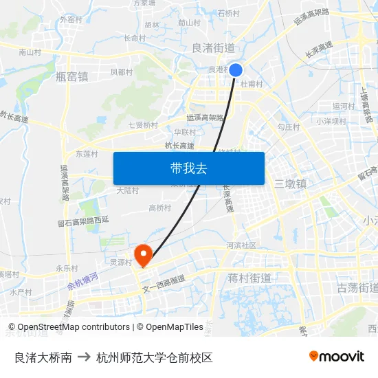 良渚大桥南 to 杭州师范大学仓前校区 map
