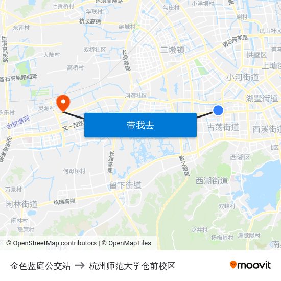 金色蓝庭公交站 to 杭州师范大学仓前校区 map