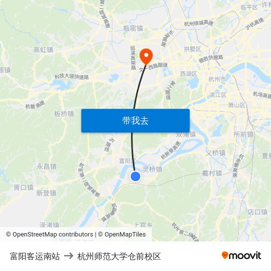 富阳客运南站 to 杭州师范大学仓前校区 map