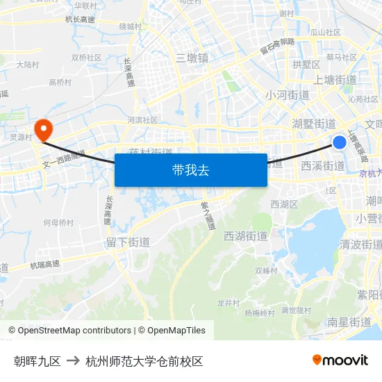 朝晖九区 to 杭州师范大学仓前校区 map