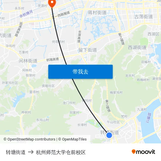 转塘街道 to 杭州师范大学仓前校区 map