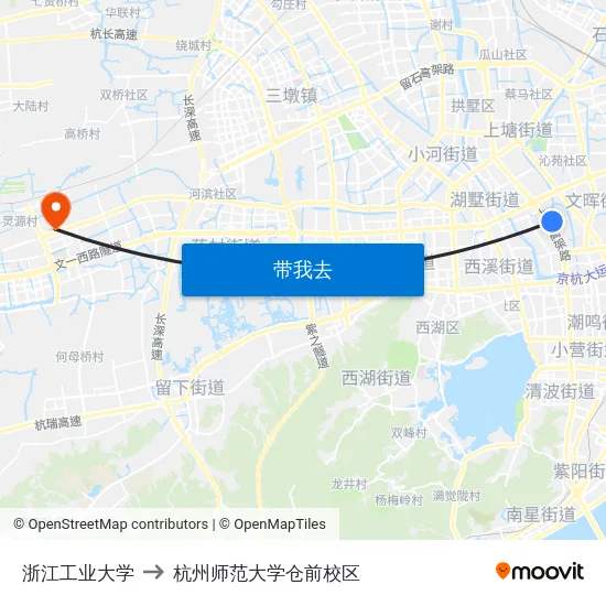 浙江工业大学 to 杭州师范大学仓前校区 map