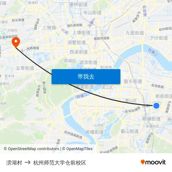 涝湖村 to 杭州师范大学仓前校区 map