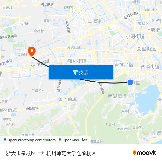 浙大玉泉校区 to 杭州师范大学仓前校区 map