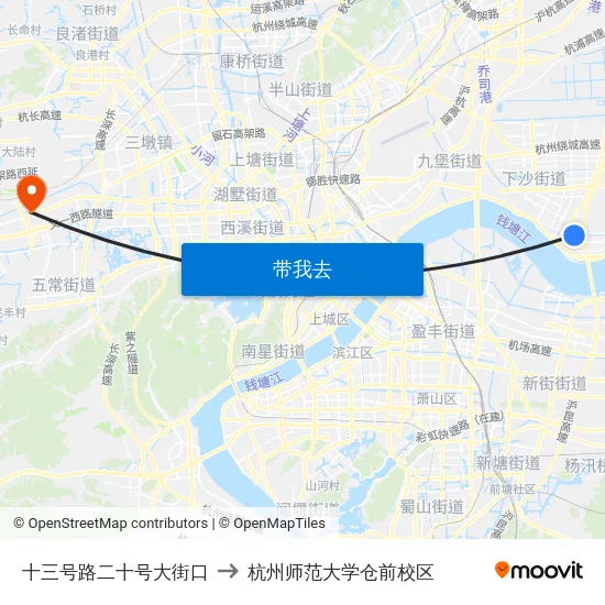 十三号路二十号大街口 to 杭州师范大学仓前校区 map