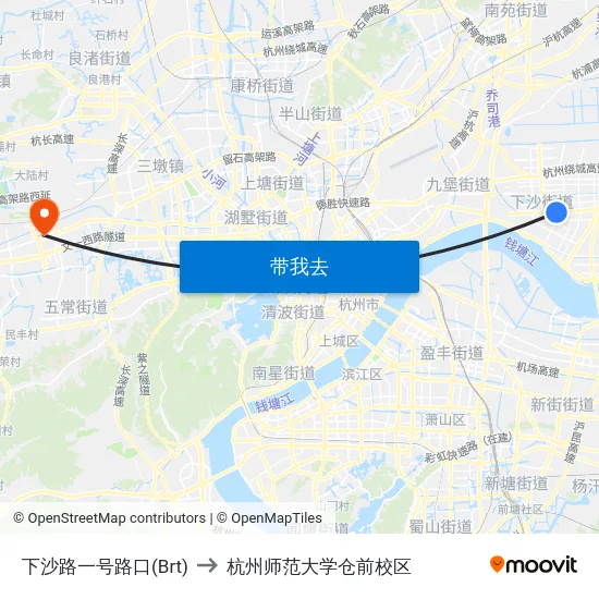 下沙路一号路口(Brt) to 杭州师范大学仓前校区 map