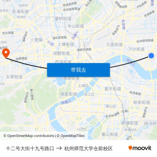 十二号大街十九号路口 to 杭州师范大学仓前校区 map