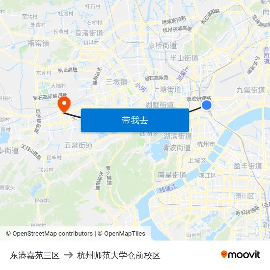 东港嘉苑三区 to 杭州师范大学仓前校区 map