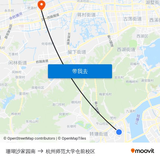 珊瑚沙家园南 to 杭州师范大学仓前校区 map