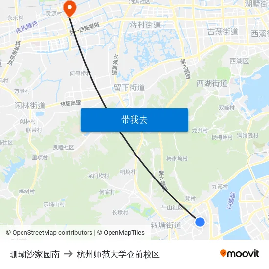 珊瑚沙家园南 to 杭州师范大学仓前校区 map