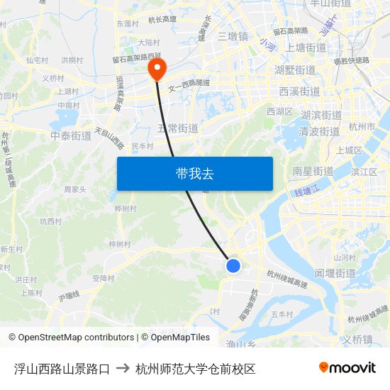 浮山西路山景路口 to 杭州师范大学仓前校区 map