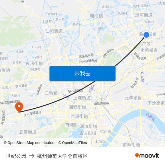 世纪公园 to 杭州师范大学仓前校区 map