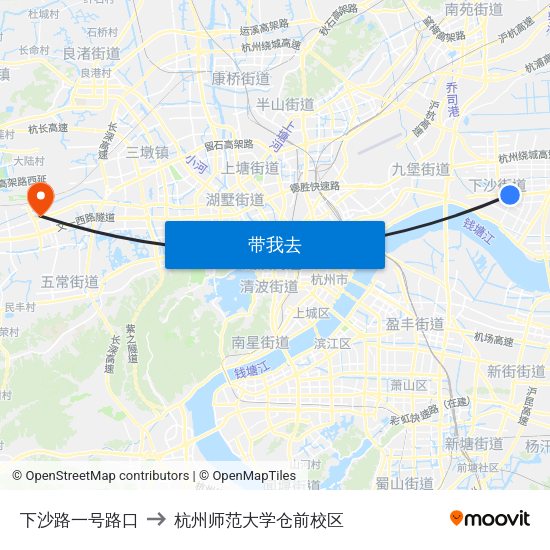 下沙路一号路口 to 杭州师范大学仓前校区 map