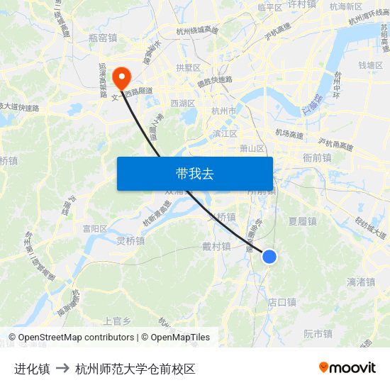 进化镇 to 杭州师范大学仓前校区 map