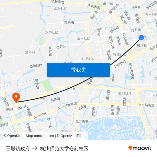 三墩镇政府 to 杭州师范大学仓前校区 map
