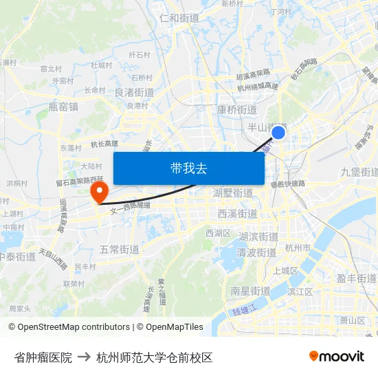 省肿瘤医院 to 杭州师范大学仓前校区 map