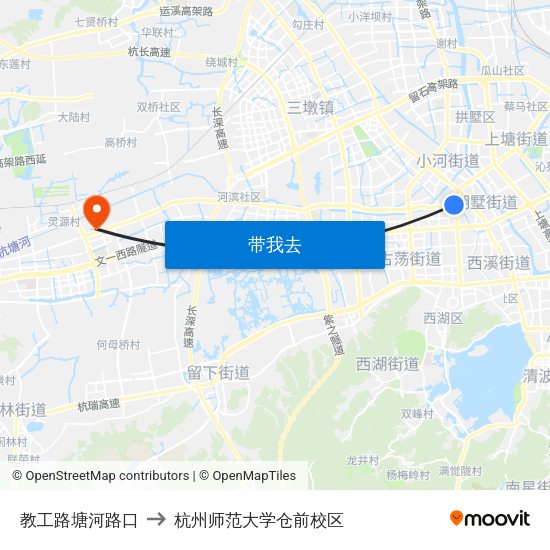 教工路塘河路口 to 杭州师范大学仓前校区 map