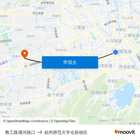 教工路塘河路口 to 杭州师范大学仓前校区 map