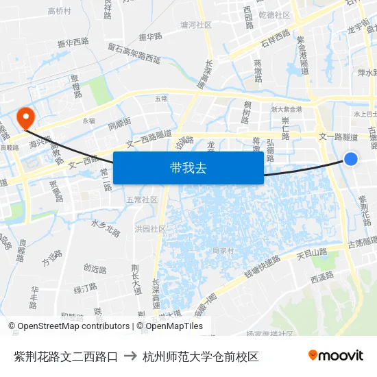 紫荆花路文二西路口 to 杭州师范大学仓前校区 map