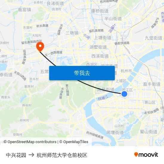 中兴花园 to 杭州师范大学仓前校区 map