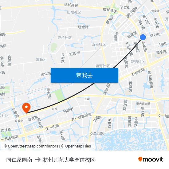 同仁家园南 to 杭州师范大学仓前校区 map