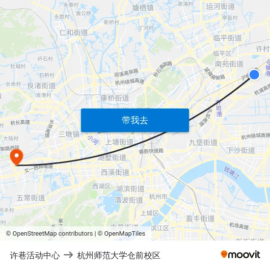 许巷活动中心 to 杭州师范大学仓前校区 map