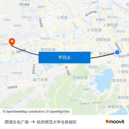 西湖文化广场 to 杭州师范大学仓前校区 map