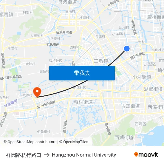 祥园路杭行路口 to Hangzhou Normal University map