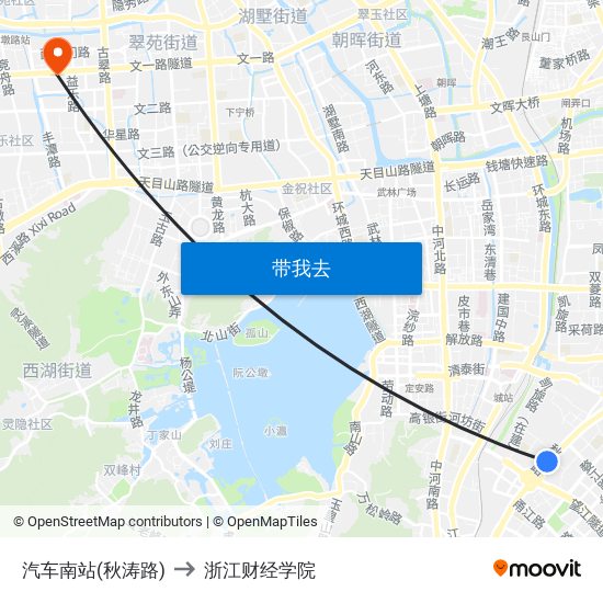 汽车南站(秋涛路) to 浙江财经学院 map