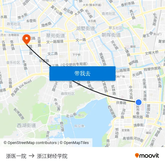 浙医一院 to 浙江财经学院 map